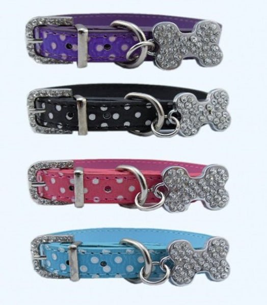 Dot Print Leather Collar With Rhinestones